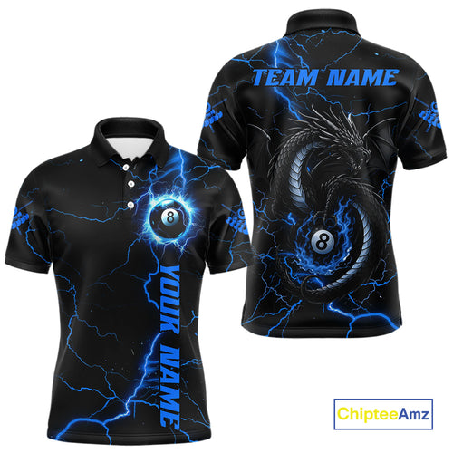 Black And Blue 8 Ball Thunder Lightning Custom Dragon Men's Billiard Shirts, Billiard Team Jerseys TDM4071