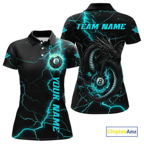 Black And Turquoise 8 Ball Lightning Custom Dragon Women's Billiard Shirts, Billiard Team Jerseys TDM4072