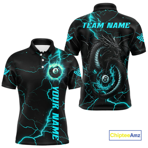 Black And Turquoise 8 Ball Lightning Custom Dragon Men's Billiard Shirts, Billiard Team Jerseys TDM4072