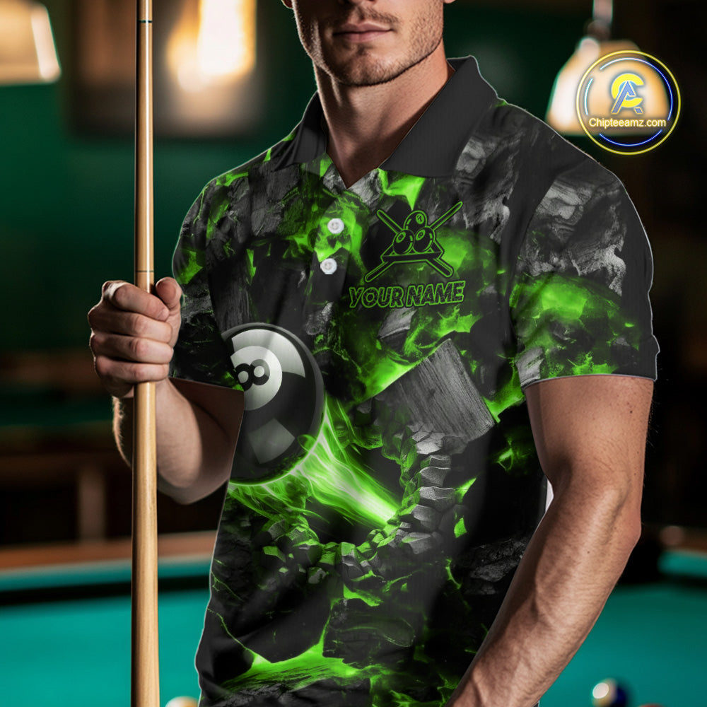 Man Wearing Personalized Green 8 Ball 9 Ball Fire Billiard Polo Shirt with Athletic Performance Fit and Vibrant Flame Graphic Artwork, Front View