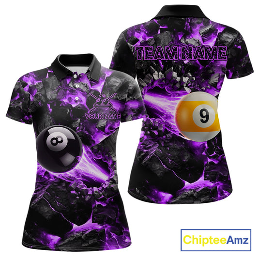 Personalized Purple 8 Ball 9 Ball Fire Billiard Polo Shirt Featuring Vibrant Flame Artwork for Pool League Players, Team Competition, and Tournament Events