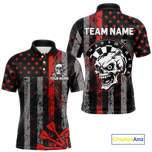 Personalized Red Grunge US Flag Skull Darts Shirt For Men Custom Patriotic Darts Team Jersey TDM4882