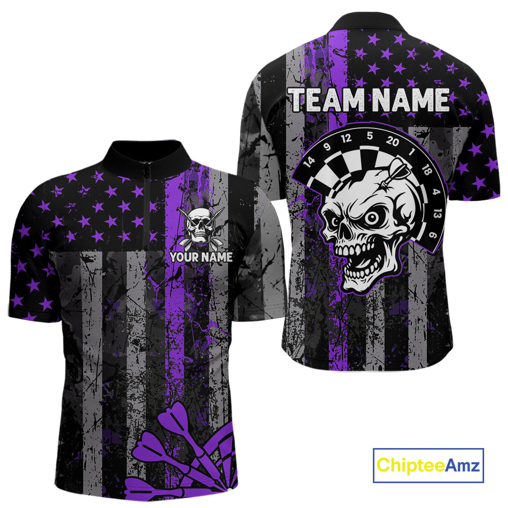 Personalized Purple Grunge US Flag Skull Darts Shirt For Men Custom Patriotic Darts Team Jersey TDM4884