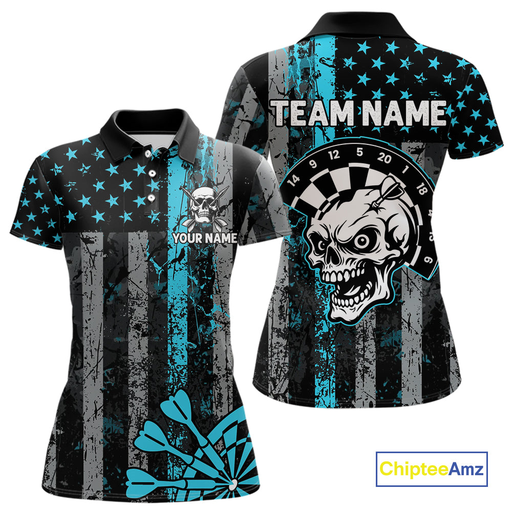 Personalized Blue Grunge US Flag Skull Darts Shirt For Women Custom Patriotic Darts Team Jersey TDM4885