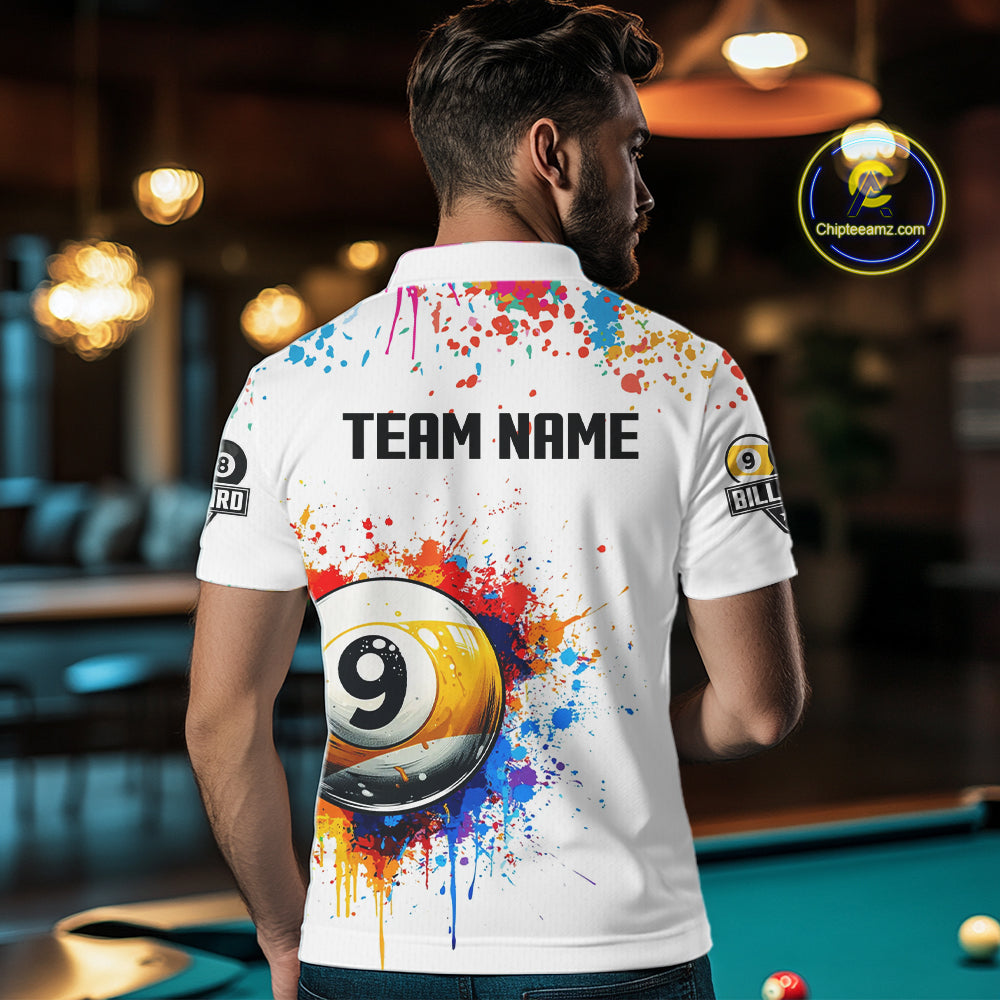 Funny 8 Ball & 9 Ball Colorful Splash Billiard Shirt For Men Custom Billiard Team Jersey |White TDM5581