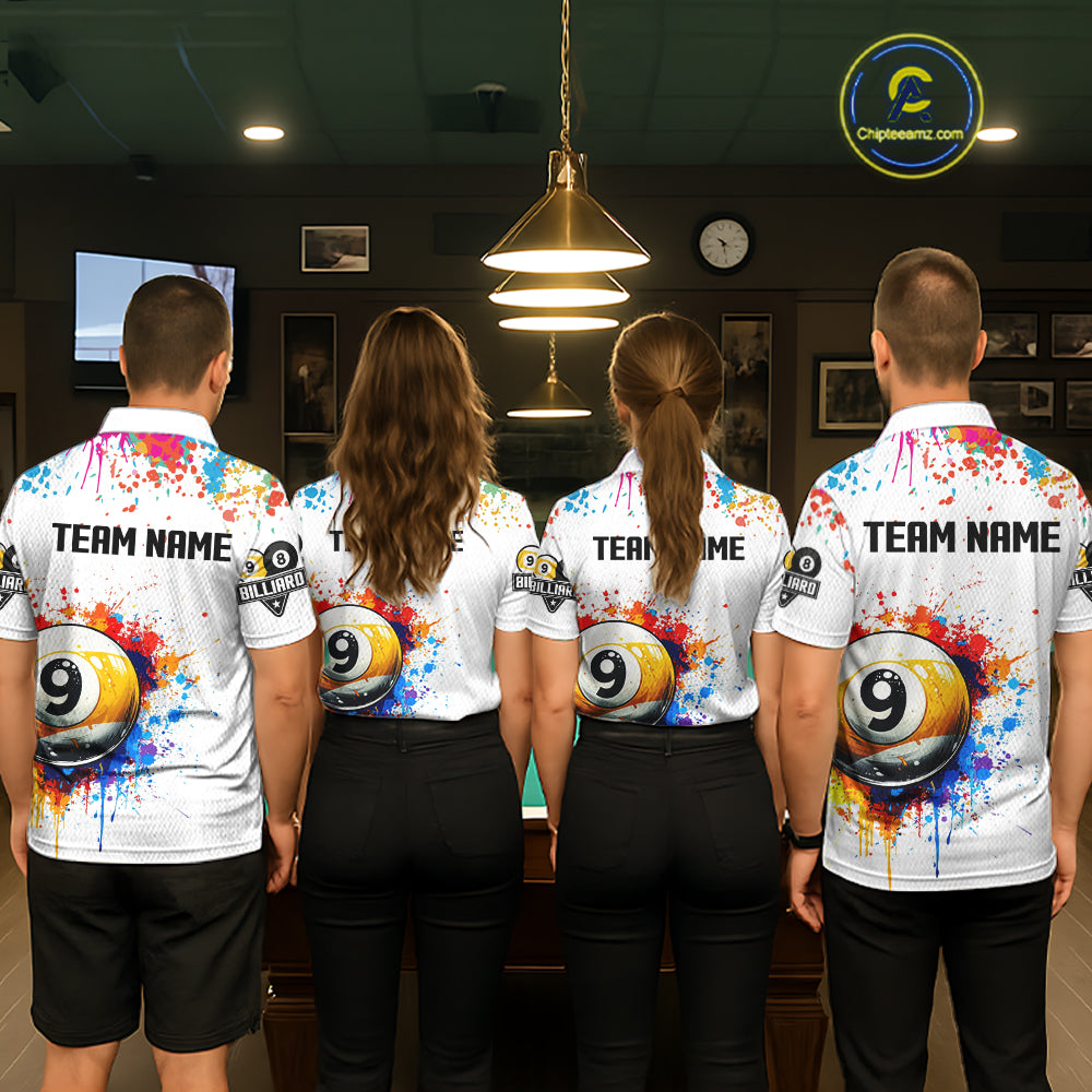 Funny 8 Ball & 9 Ball Colorful Splash Billiard Shirt For Men Custom Billiard Team Jersey |White TDM5581