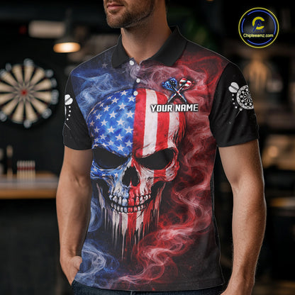 Custom American Flag Smoke Skull Darts Shirt For Men, Patriotic Darts Team Jersey Polo & 1/4 Zip TDM5811