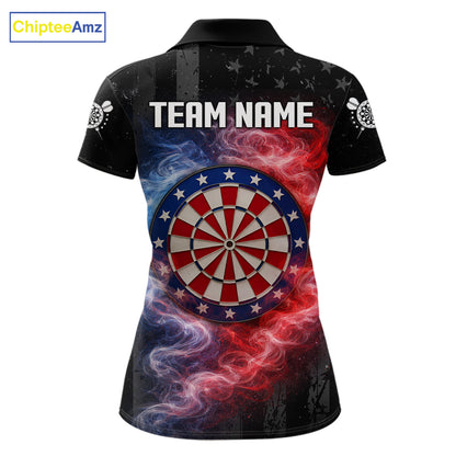 Custom American Flag Smoke Skull Darts Shirt For Women, Patriotic Darts Team Jersey Polo & 1/4 Zip TDM5811