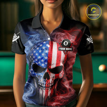 Load image into Gallery viewer, Custom 8 Ball US Flag Smoke Skull Billiard Shirt For Women, Patriotic Pool Team Jersey Polo, 1/4 Zip TDM5812