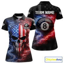 Load image into Gallery viewer, Custom 8 Ball US Flag Smoke Skull Billiard Shirt For Women, Patriotic Pool Team Jersey Polo, 1/4 Zip TDM5812