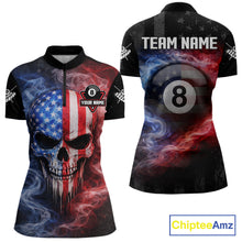 Load image into Gallery viewer, Custom 8 Ball US Flag Smoke Skull Billiard Shirt For Women, Patriotic Pool Team Jersey Polo, 1/4 Zip TDM5812