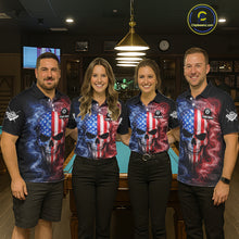 Load image into Gallery viewer, Custom 8 Ball US Flag Smoke Skull Billiard Shirt For Women, Patriotic Pool Team Jersey Polo, 1/4 Zip TDM5812
