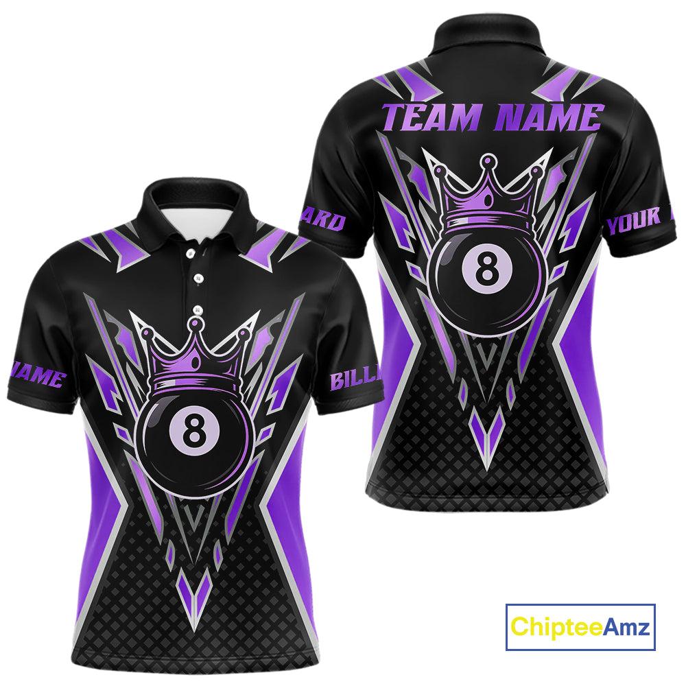 Customized 8 Ball Pool Crown Men Billiard Shirt, Black And Purple Billiard Team Shirt, Pool Jersey TDM4080