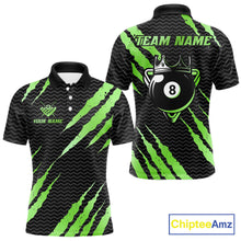 Load image into Gallery viewer, Black and green billiard polo shirt with 'Team Name' and 'Your Name' text, featuring a crown 8-ball design.
