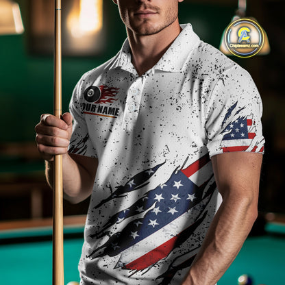 Personalized American Flag White Grunge Billiard Shirt For Men, Patriotic 8 Ball Pool Team Jersey TDM4443
