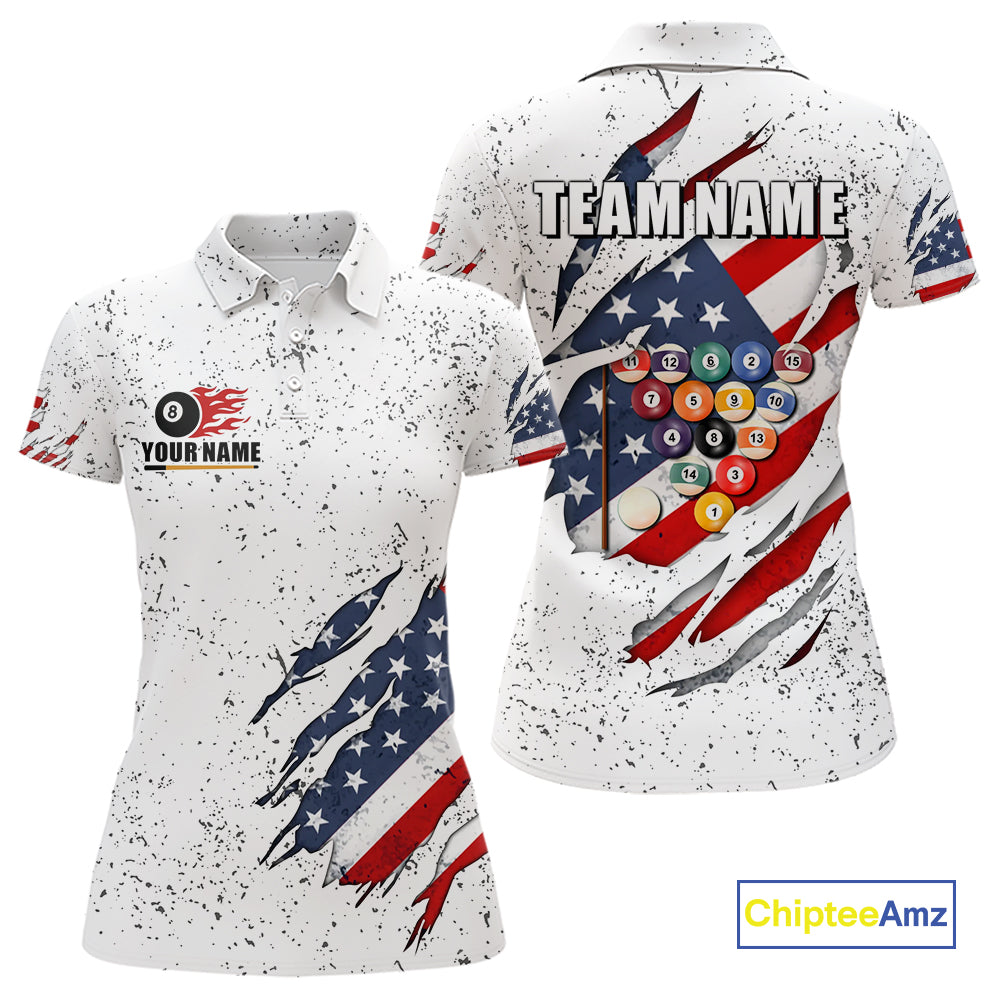 Personalized American Flag White Grunge Billiard Shirt For Women, Patriotic 8 Ball Pool Team Jersey TDM4443