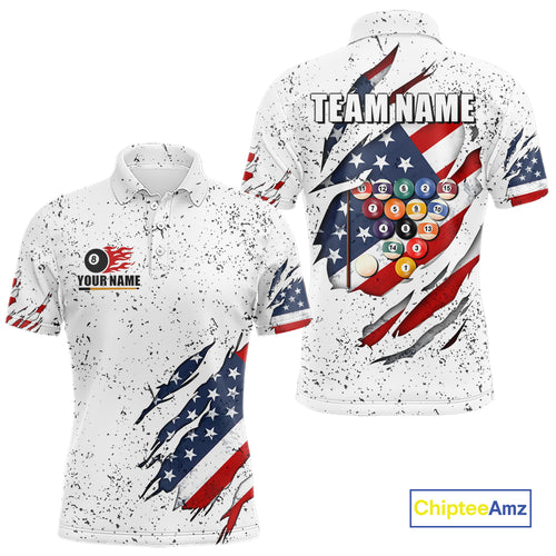 Personalized American Flag White Grunge Billiard Shirt For Men, Patriotic 8 Ball Pool Team Jersey TDM4443