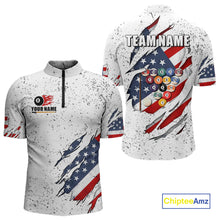 Load image into Gallery viewer, Personalized American Flag White Grunge Billiard Shirt For Men, Patriotic 8 Ball Pool Team Jersey TDM4443