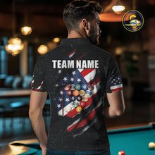 Load image into Gallery viewer, Personalized American Flag Black Grunge Billiard Shirt For Men, Patriotic 8 Ball Pool Team Jersey TDM4444