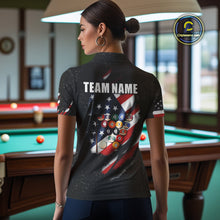 Load image into Gallery viewer, Personalized American Flag Black Grunge Billiard Shirt For Women, Patriotic 8 Ball Pool Team Jersey TDM4444