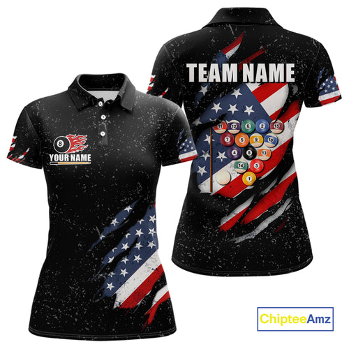 Personalized American Flag Black Grunge Billiard Shirt For Women, Patriotic 8 Ball Pool Team Jersey TDM4444