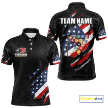 Load image into Gallery viewer, Personalized American Flag Black Grunge Billiard Shirt For Men, Patriotic 8 Ball Pool Team Jersey TDM4444