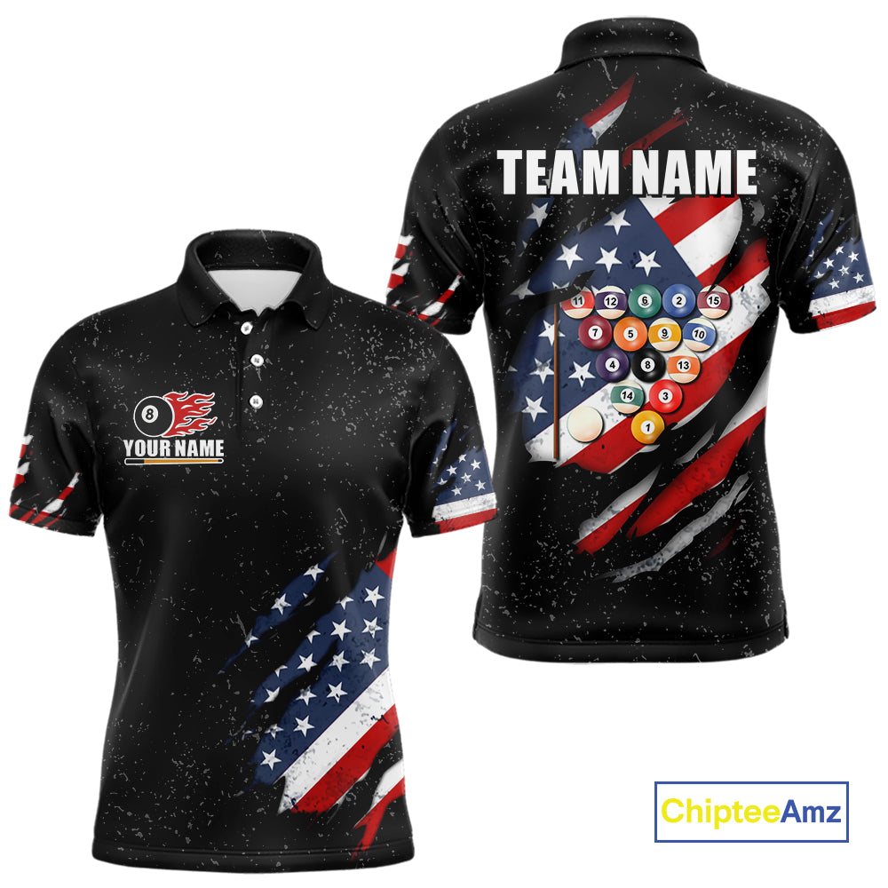Personalized American Flag Black Grunge Billiard Shirt For Men, Patriotic 8 Ball Pool Team Jersey TDM4444