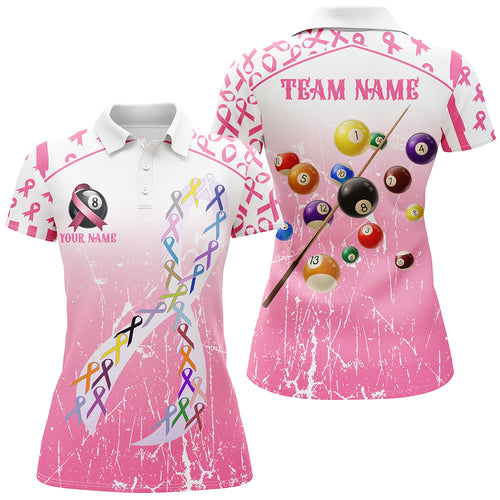 Colorful Ribbon Custom Pink Billiard Shirts For Women, Funny Breast Cancer Shirts Gift For Pool Lover TDM2367