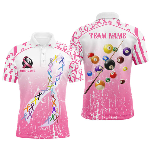 Colorful Ribbon Custom Pink Billiard Shirts For Men, Funny Breast Cancer Shirts Gift For Pool Lover TDM2367
