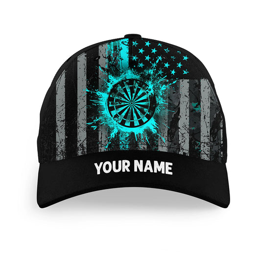Custom Turquoise Grunge US Flag Patriotic Darts Hat, Personalized Baseball Darts Cap Gifts TDM2611