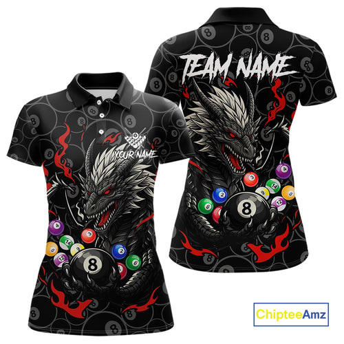 Personalized 8 Ball Dragon Billiard Shirt For Women, Billiard Team Jersey Polo & 1/4 Zip |Red TDM5109