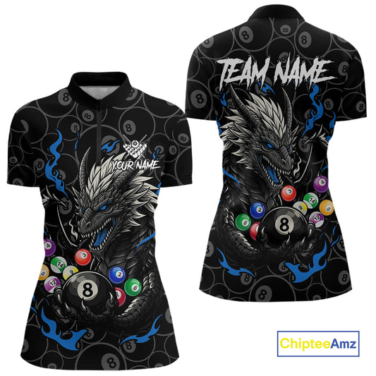 Personalized 8 Ball Dragon Billiard Shirt For Women, Billiard Team Jersey Polo & 1/4 Zip |Blue TDM5110
