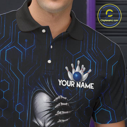 Black And Blue Custom Skull Bowling Shirt For Men, Hexagon Bowling Team Jersey Polo & 1/4 Zip TDM6425