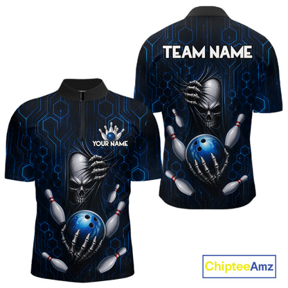 Black And Blue Custom Skull Bowling Shirt For Men, Hexagon Bowling Team Jersey Polo & 1/4 Zip TDM6425