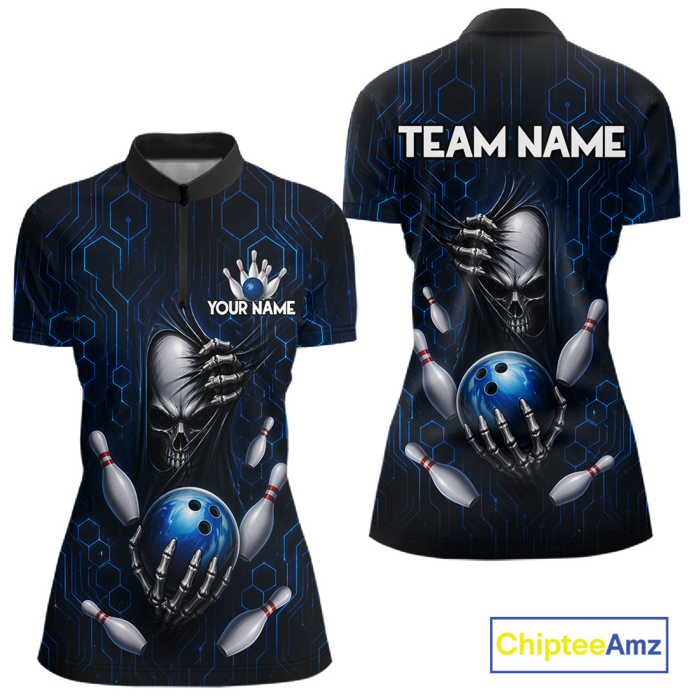Black And Blue Custom Skull Bowling Shirt For Women, Hexagon Bowling Team Jersey Polo & 1/4 Zip TDM6425