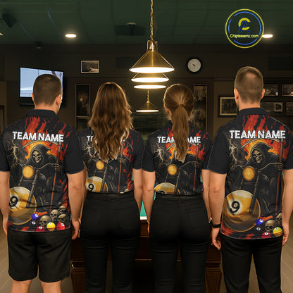 Back view of pool team wearing matching grim reaper motorcycle 8 ball and 9 ball billiard shirts.