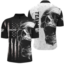 Load image into Gallery viewer, American Flag Skull Custom Men Billiard Jerseys Polo &amp; Quarter- Zip, Patriotic Billiard Shirts TDM2374