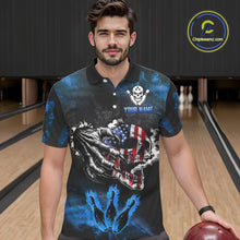 Load image into Gallery viewer, Blue Flaming American Flag Skull Bowling Shirt For Men Custom Fire Bowling Team Jersey TDM4692