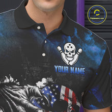 Load image into Gallery viewer, Blue Flaming American Flag Skull Bowling Shirt For Men Custom Fire Bowling Team Jersey TDM4692
