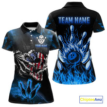 Load image into Gallery viewer, Blue Flaming American Flag Skull Bowling Shirt For Women Custom Fire Bowling Team Jersey TDM4692
