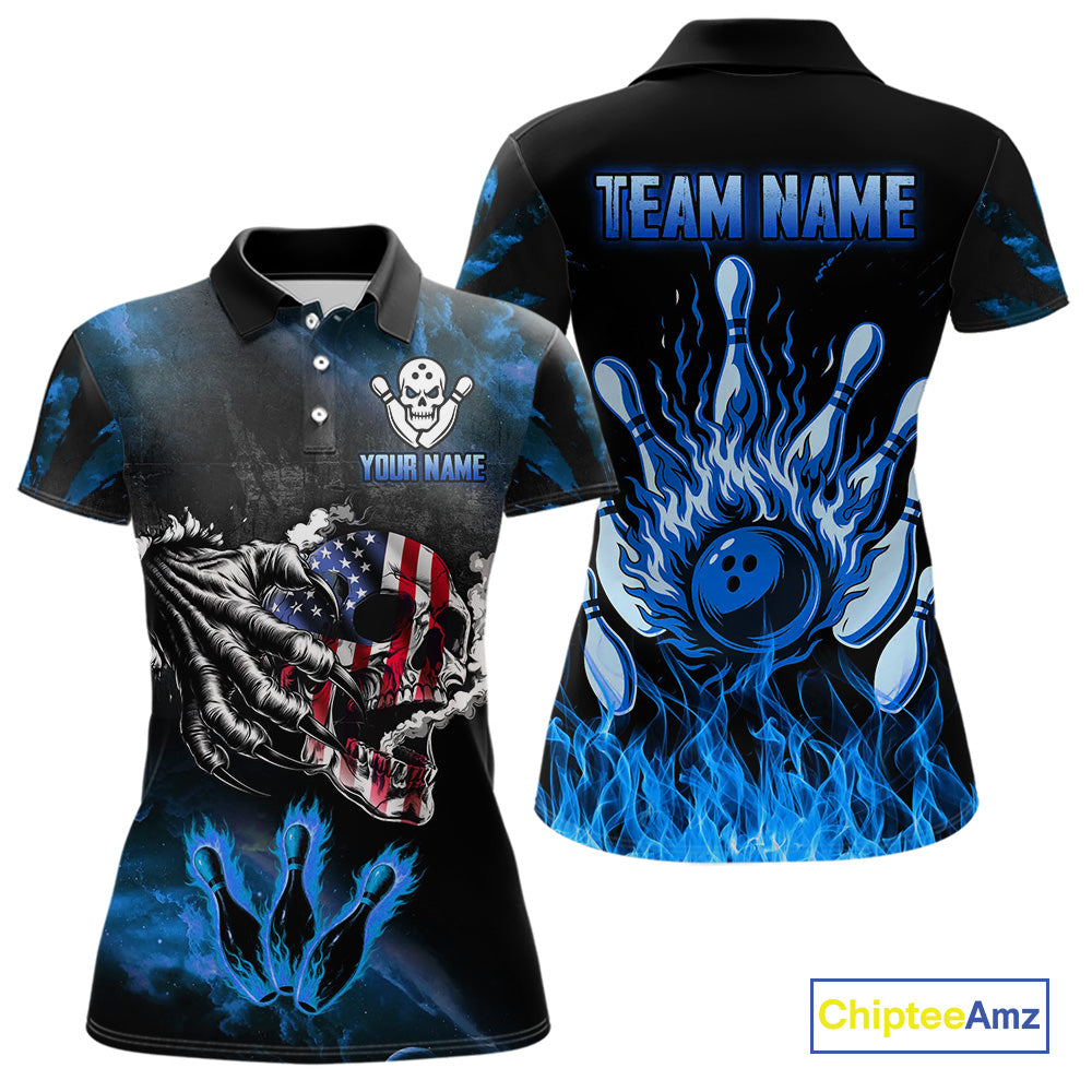 Blue Flaming American Flag Skull Bowling Shirt For Women Custom Fire Bowling Team Jersey TDM4692