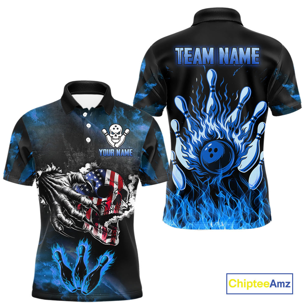 Blue Flaming American Flag Skull Bowling Shirt For Men Custom Fire Bowling Team Jersey TDM4692