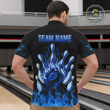 Load image into Gallery viewer, Blue Flaming American Flag Skull Bowling Shirt For Men Custom Fire Bowling Team Jersey TDM4692