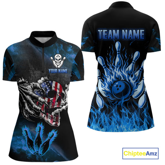 Blue Flaming American Flag Skull Bowling Shirt For Women Custom Fire Bowling Team Jersey TDM4692