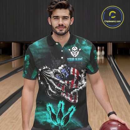 Turquoise Flaming American Flag Skull Bowling Shirt For Men Custom Fire Bowling Team Jersey TDM4693