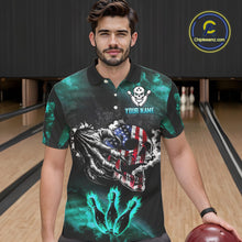 Load image into Gallery viewer, Turquoise Flaming American Flag Skull Bowling Shirt For Men Custom Fire Bowling Team Jersey TDM4693