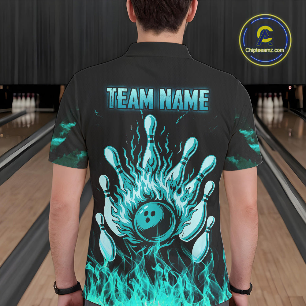 Turquoise Flaming American Flag Skull Bowling Shirt For Men Custom Fire Bowling Team Jersey TDM4693