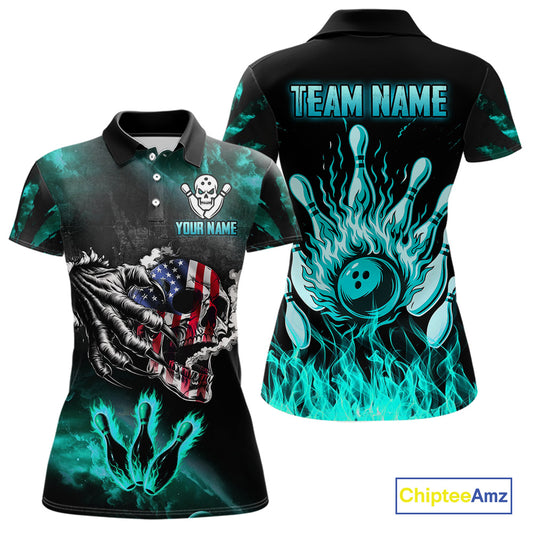Turquoise Flaming American Flag Skull Bowling Shirt For Women Custom Fire Bowling Team Jersey TDM4693