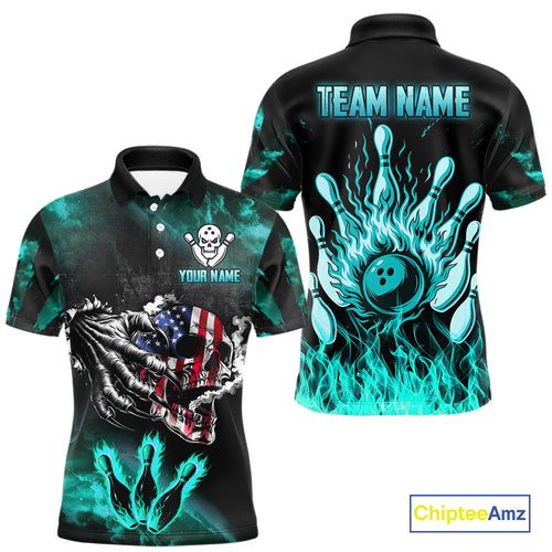 Turquoise Flaming American Flag Skull Bowling Shirt For Men Custom Fire Bowling Team Jersey TDM4693