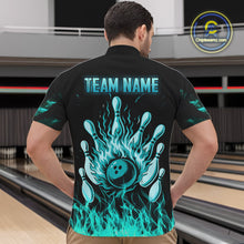 Load image into Gallery viewer, Turquoise Flaming American Flag Skull Bowling Shirt For Men Custom Fire Bowling Team Jersey TDM4693